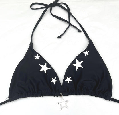 Black Multi Double Star Tie String Bikini Halter Neck Festival Y2k