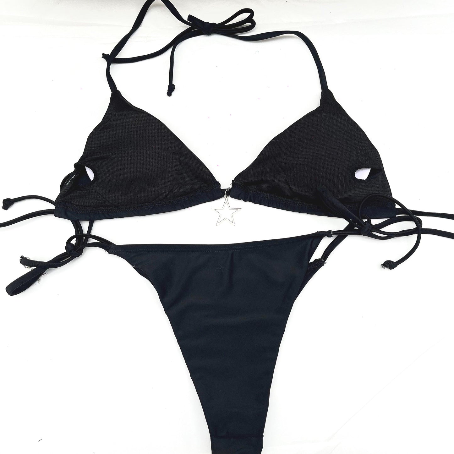 Black Multi Double Star Tie String Bikini Halter Neck Festival Y2k