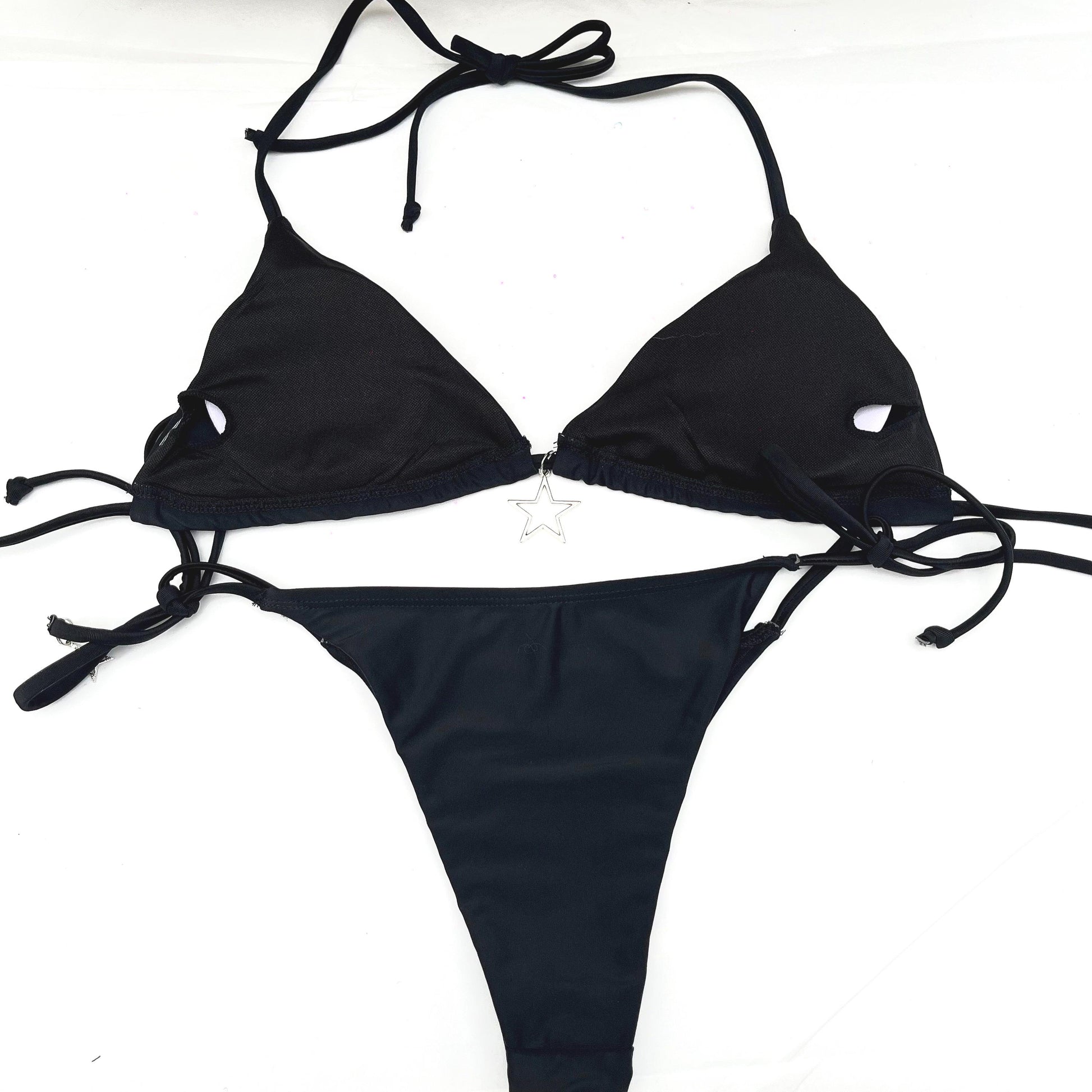 Black Multi Double Star Tie String Bikini Halter Neck Festival Y2k