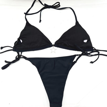 Black Multi Double Star Tie String Bikini Halter Neck Festival Y2k