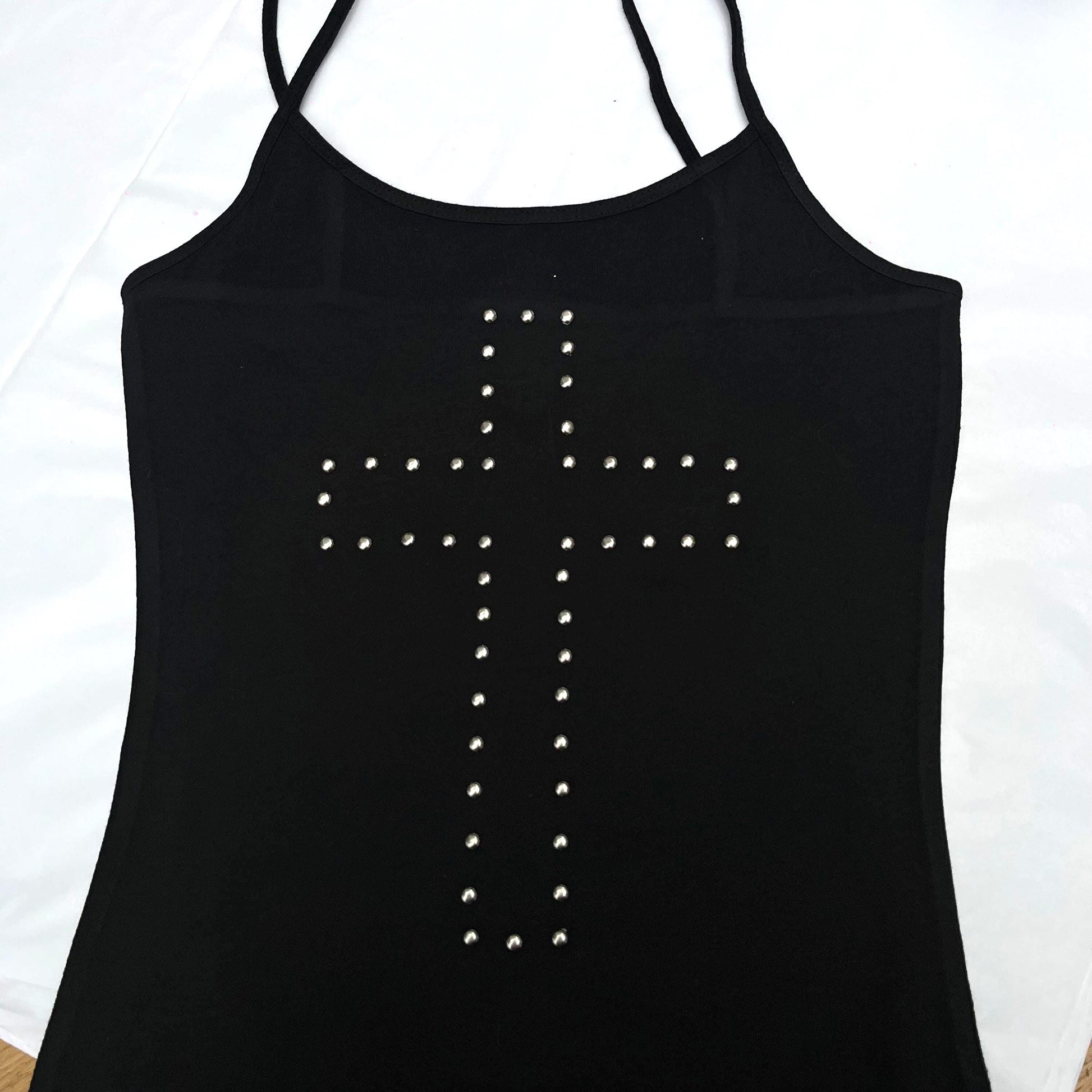 Black Studded Cross Tank Vest – Gothic Y2K Grunge Cami Top