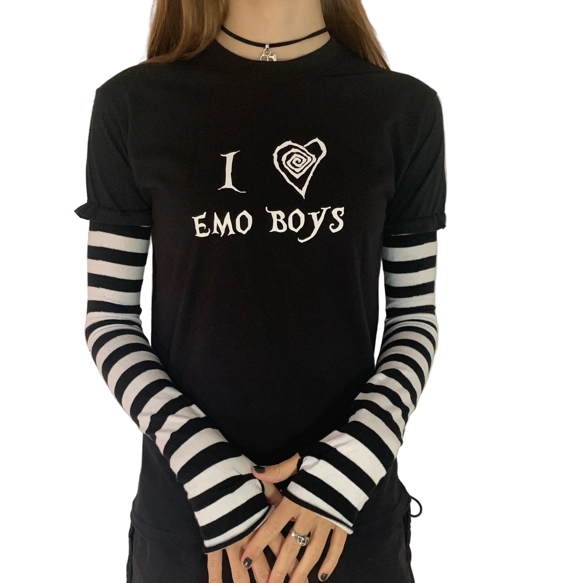 Black & White Stripe Long Sleeve “I Love Emo Boys” T-Shirt