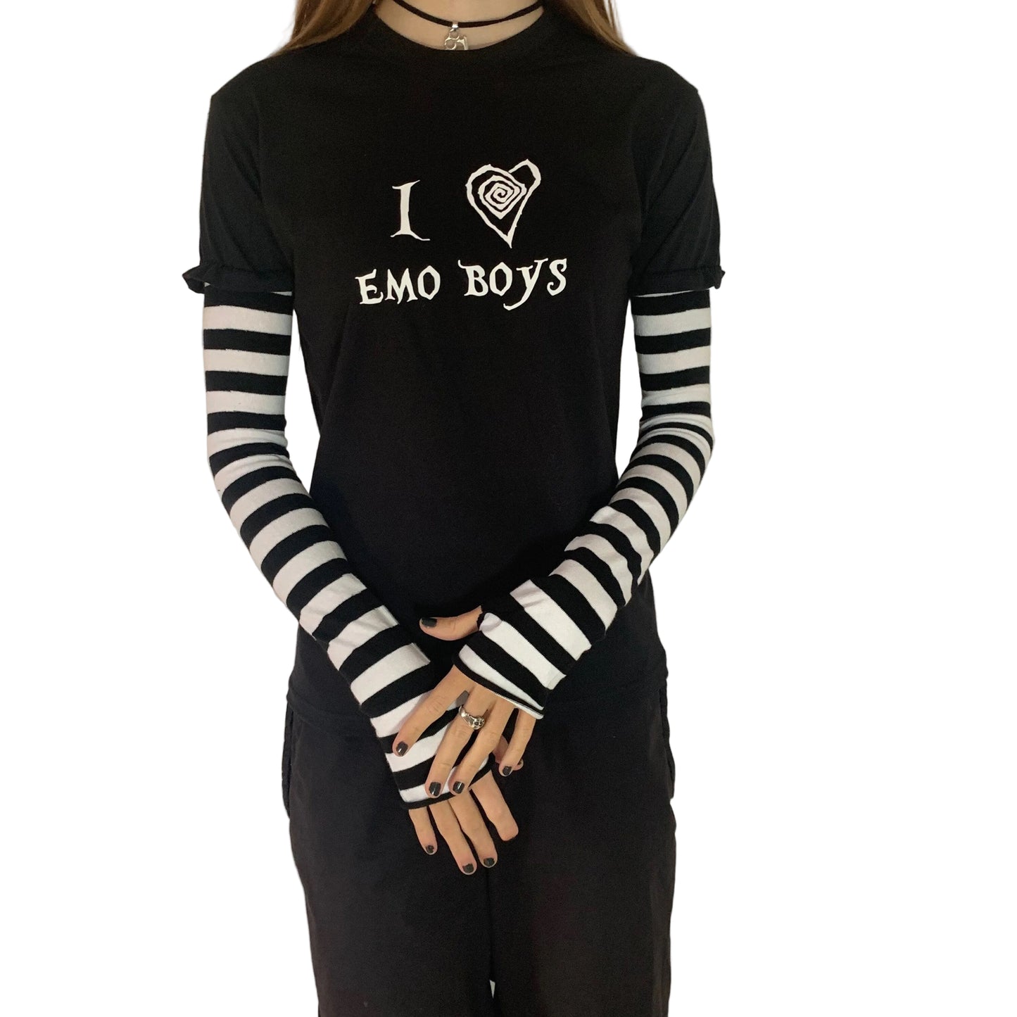 Black & White Stripe Long Sleeve “I Love Emo Boys” T-Shirt