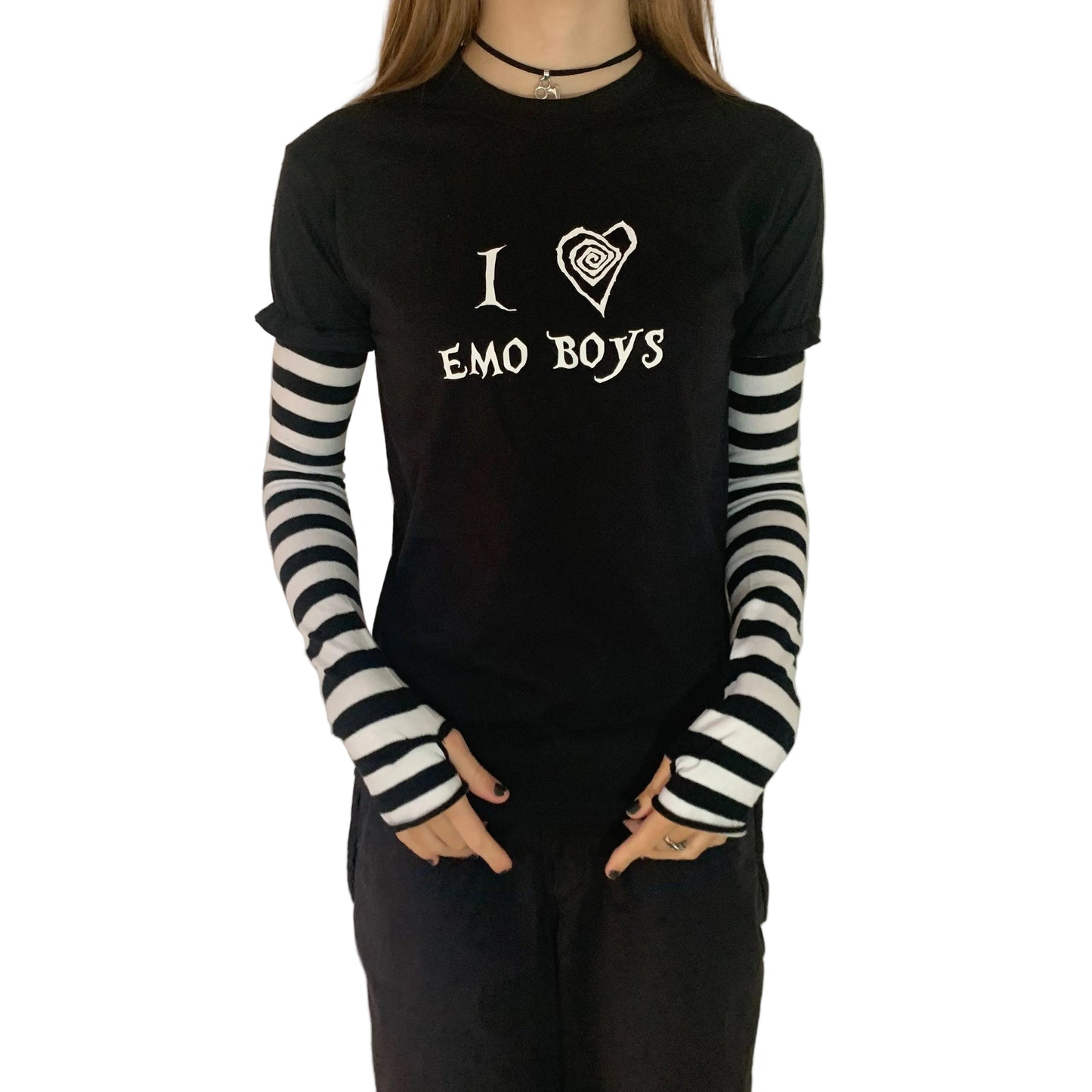 Black & White Stripe Long Sleeve “I Love Emo Boys” T-Shirt