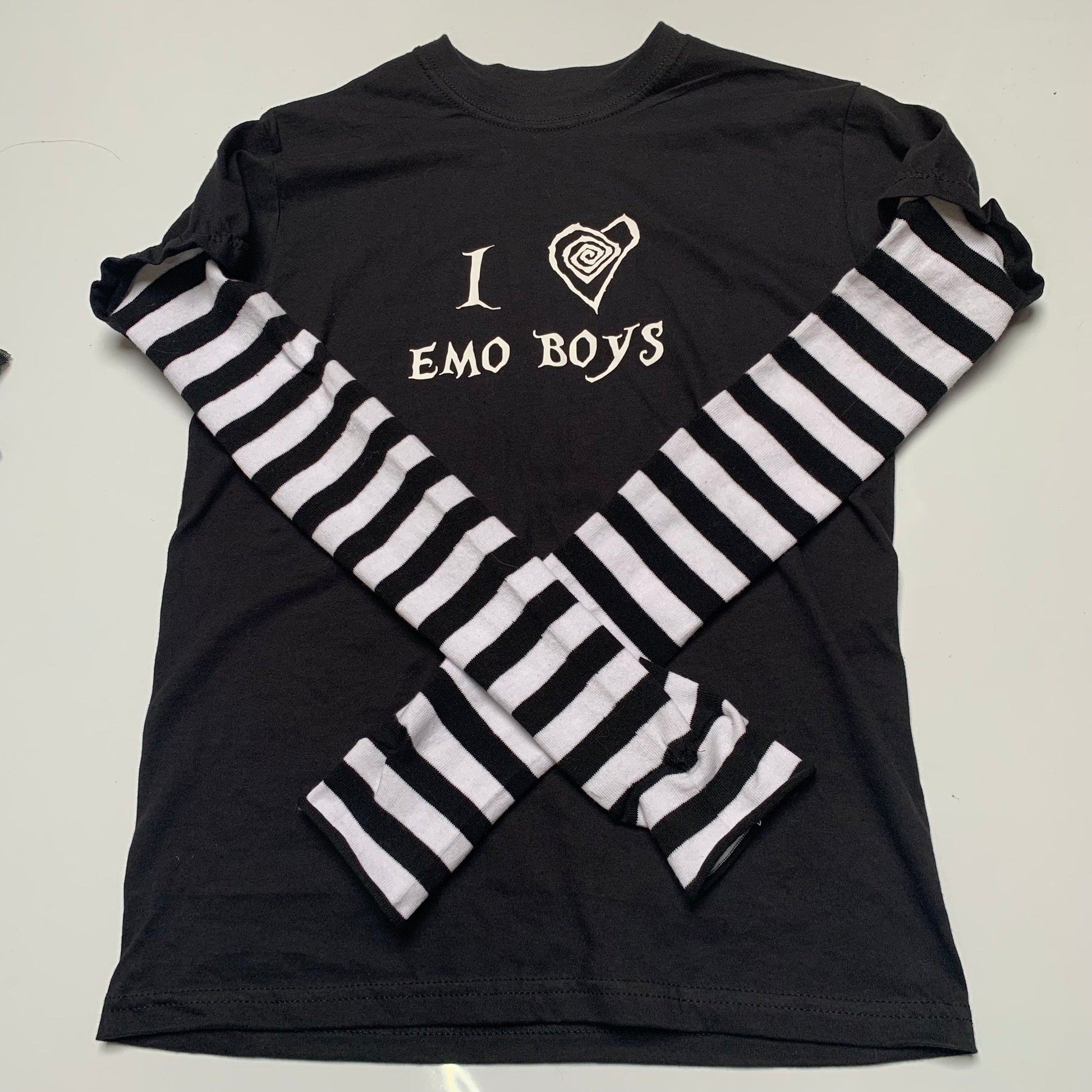 Black & White Stripe Long Sleeve “I Love Emo Boys” T-Shirt