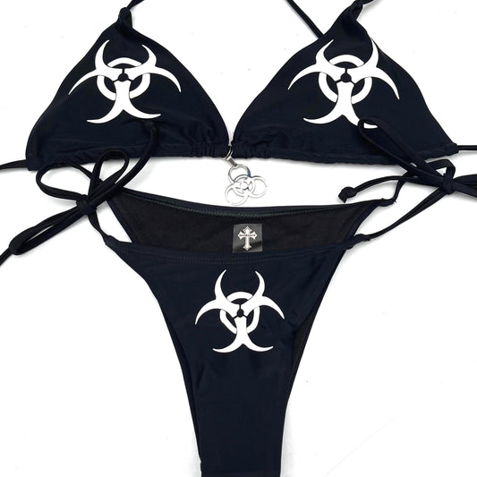 Front View:  Black Y2K Biohazard Bikini Set