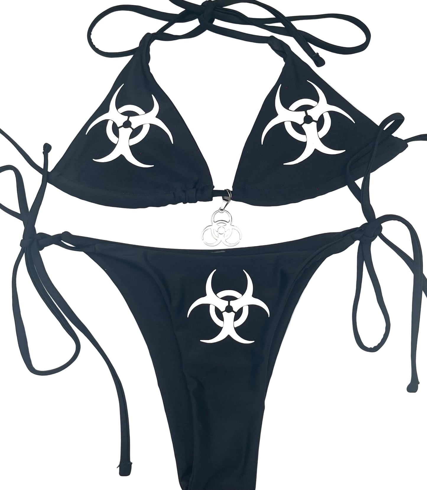 Black Y2K Biohazard Bikini Set – Halter Top & Tie V-String Bottoms Womens (White Print)