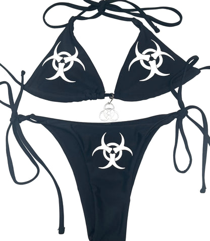Black Y2K Biohazard Bikini Set – Halter Top & Tie V-String Bottoms Womens (White Print)