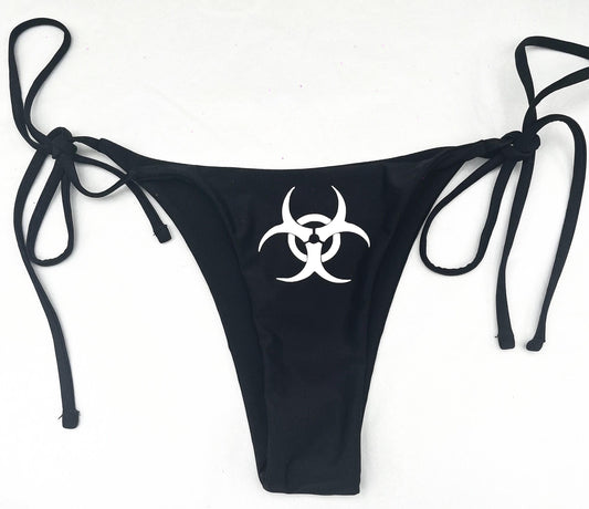 Black Y2K Biohazard Bikini Set – Halter Top & Tie V-String Bottoms Womens (White Print)