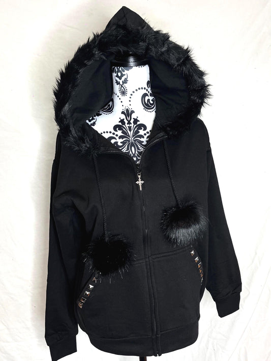 Front View - Black Zip Up Fur Studded Y2K Hoodie with Cross Charm