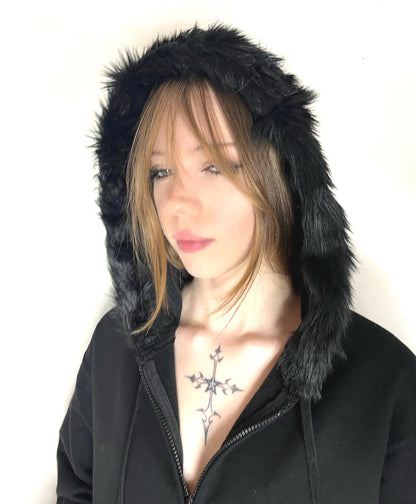 Black Zip Up Fur Studded Y2K Hoodie Grunge Zip Cross Pendant Pom Poms Drawstring
