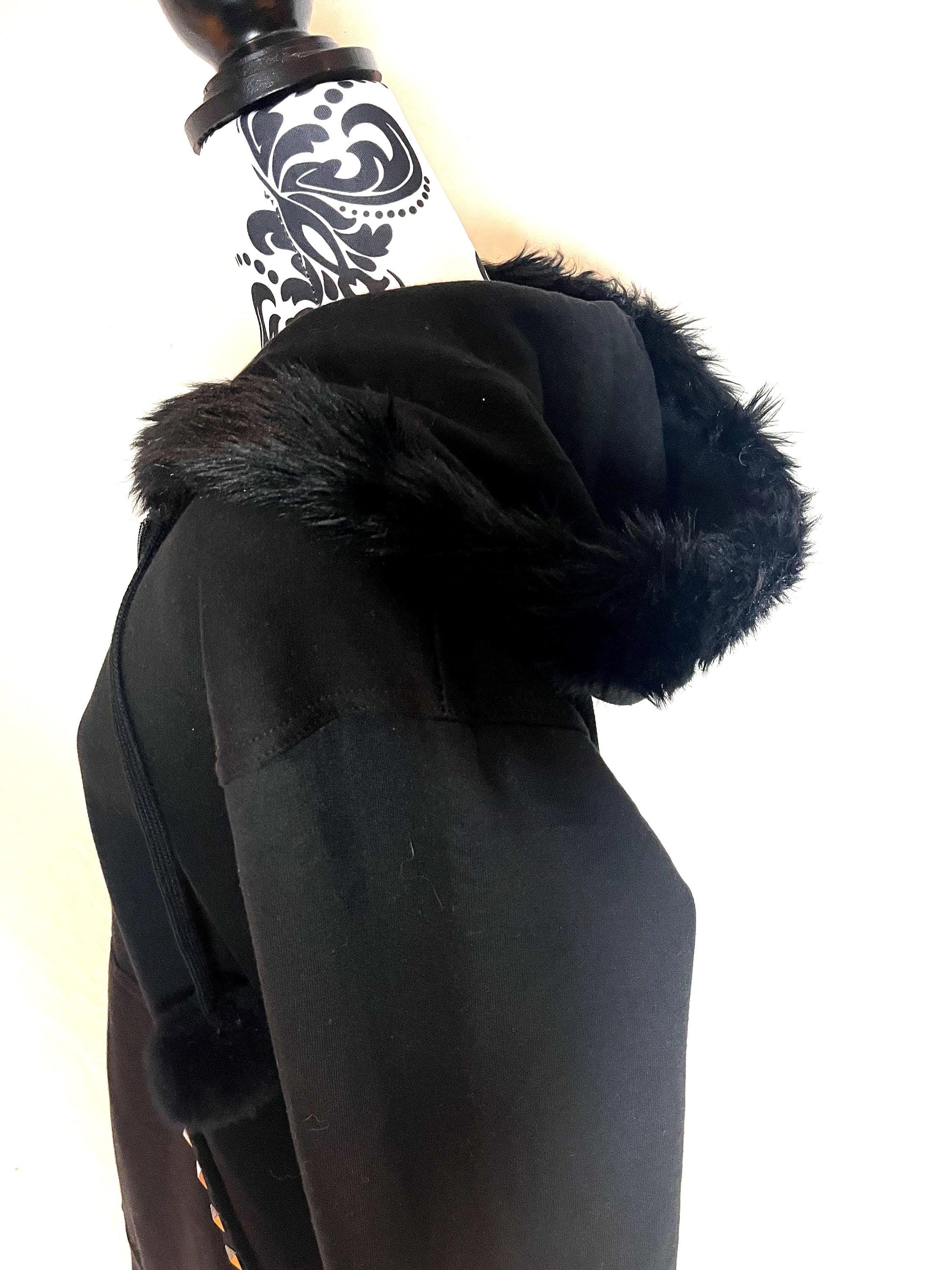 Side View Black Zip Up Fur Studded Hoodie with Cross Charm