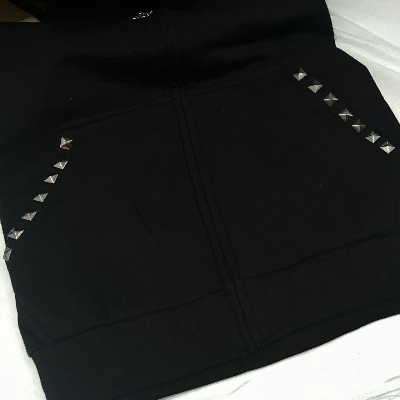 Black Zip Up Fur Studded Y2K Hoodie Grunge Zip Cross Pendant Pom Poms Drawstring