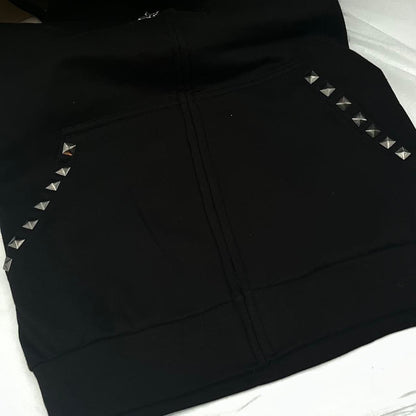Black Zip Up Fur Studded Y2K Hoodie Grunge Zip Cross Pendant Pom Poms Drawstring