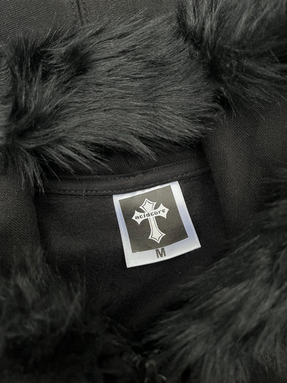 Black Zip Up Fur Studded Y2K Hoodie Grunge Zip Cross Pendant Pom Poms Drawstring