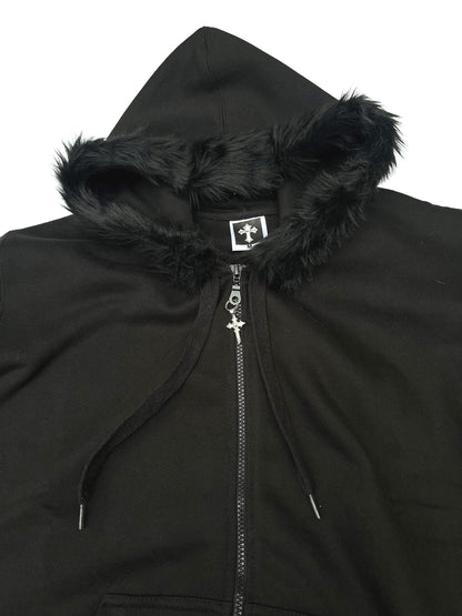 Close up of zip and charm on Black Zip Up Fur Studded Hoodie with Cross Charm