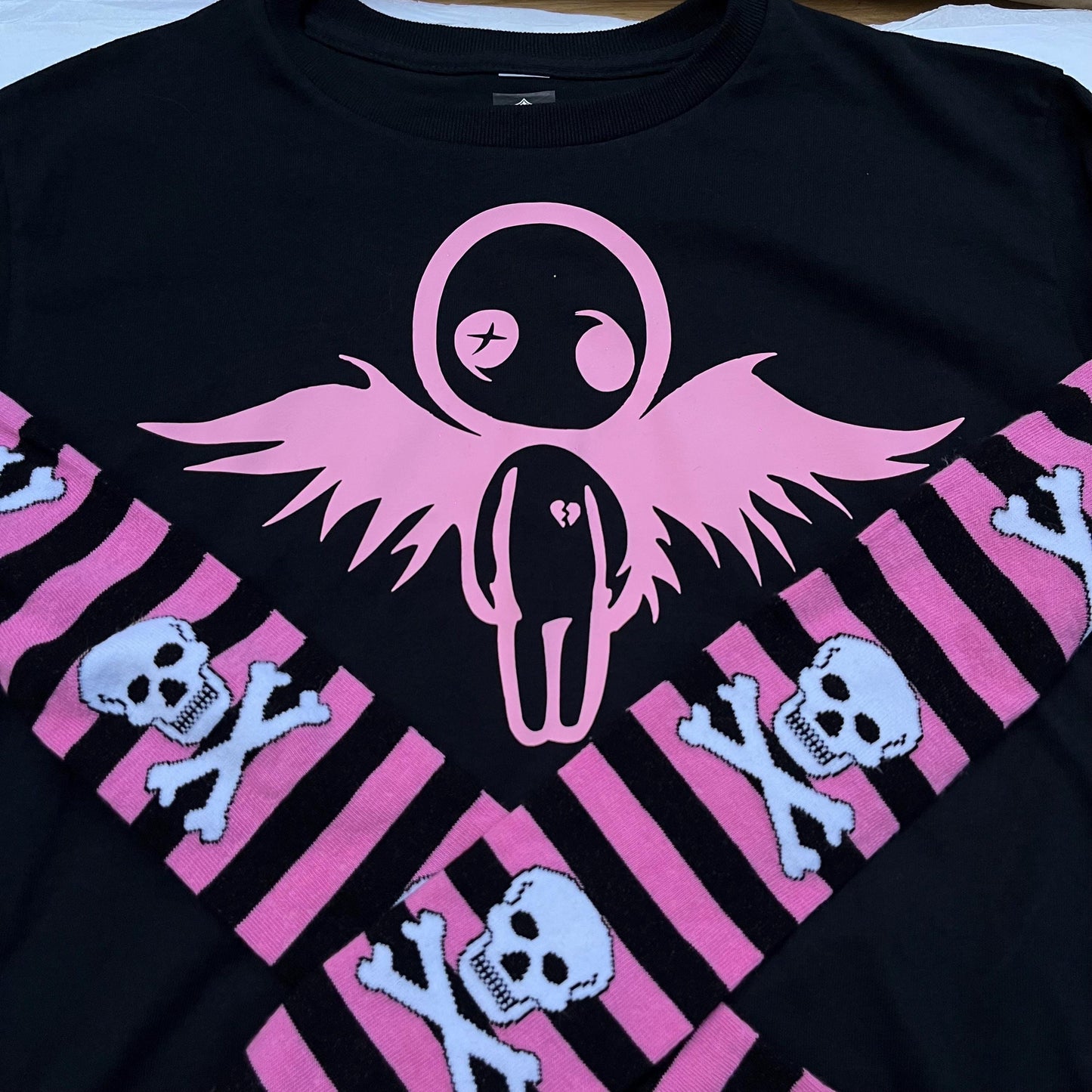 Black n Pink Stripe Skull Long Sleeve Angel Broken Heart Top