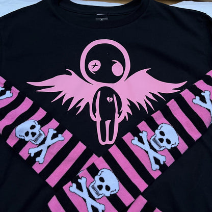 Black n Pink Stripe Skull Long Sleeve Angel Broken Heart Top