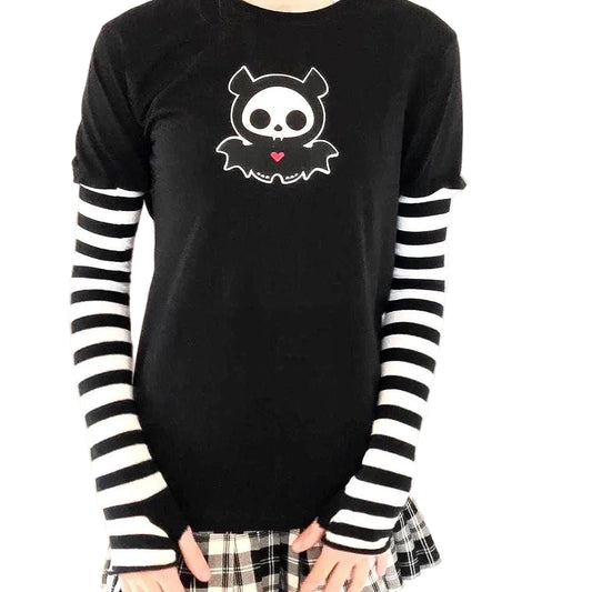 Black n White Stripe Sleeved Diego Bat Skeleanimals Emo Grunge T-shirt