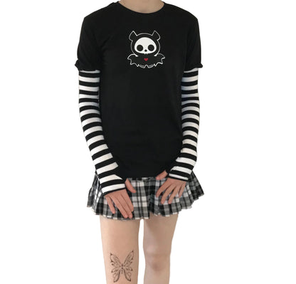 Black n White Stripe Sleeved Diego Bat Skeleanimals Emo Grunge T-shirt