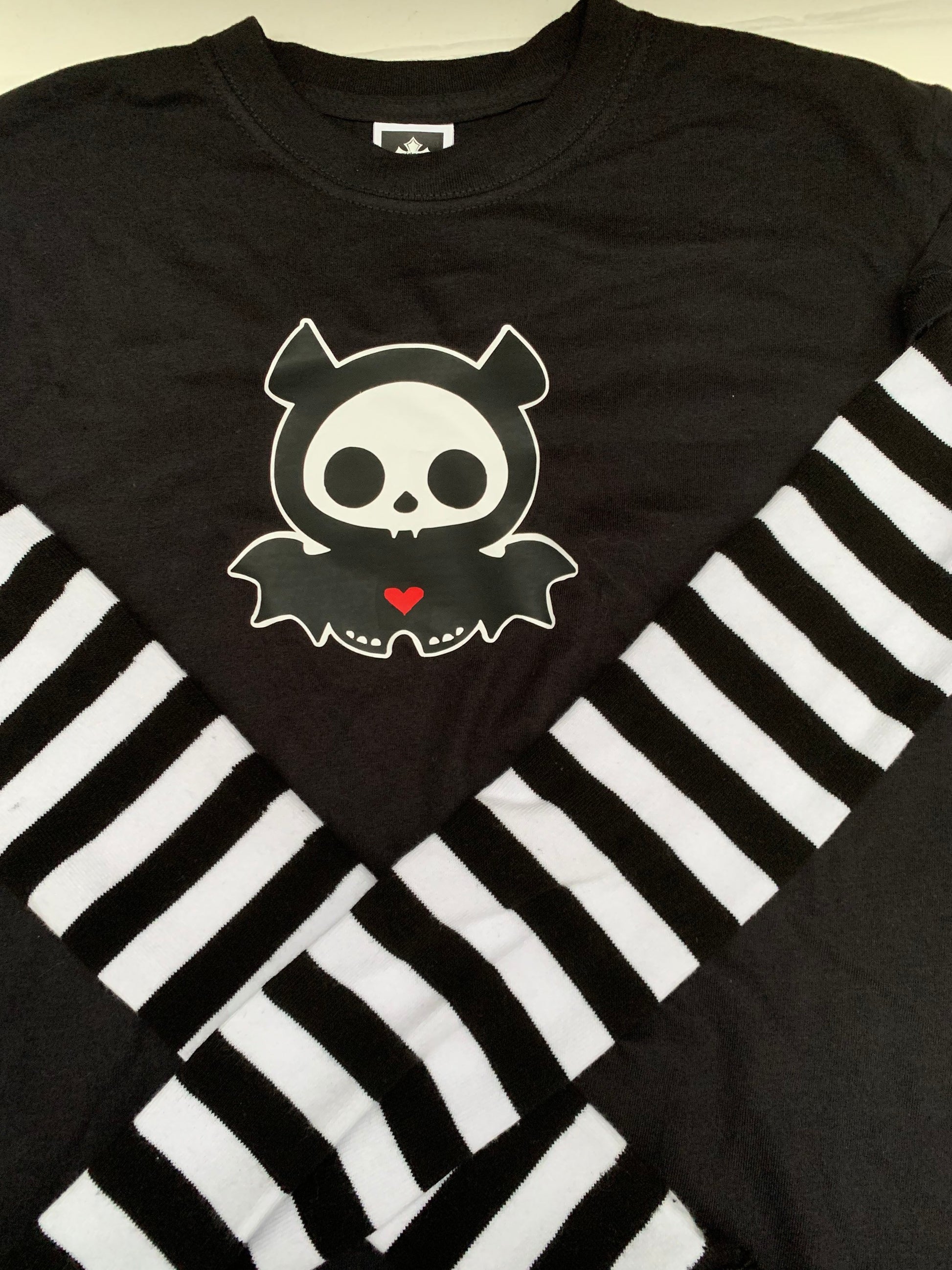 Black n White Stripe Sleeved Diego Bat Skeleanimals Emo Grunge T-shirt