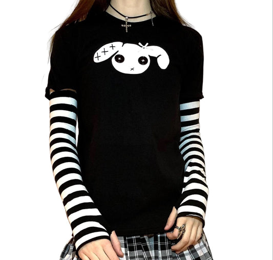 Bunny Goth Grunge T-Shirt – White & Black Stripe Sleeves