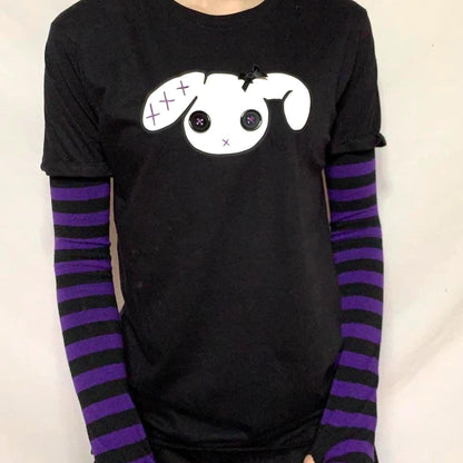 Bunny Goth Grunge T-Shirt – White & Black Stripe Sleeves