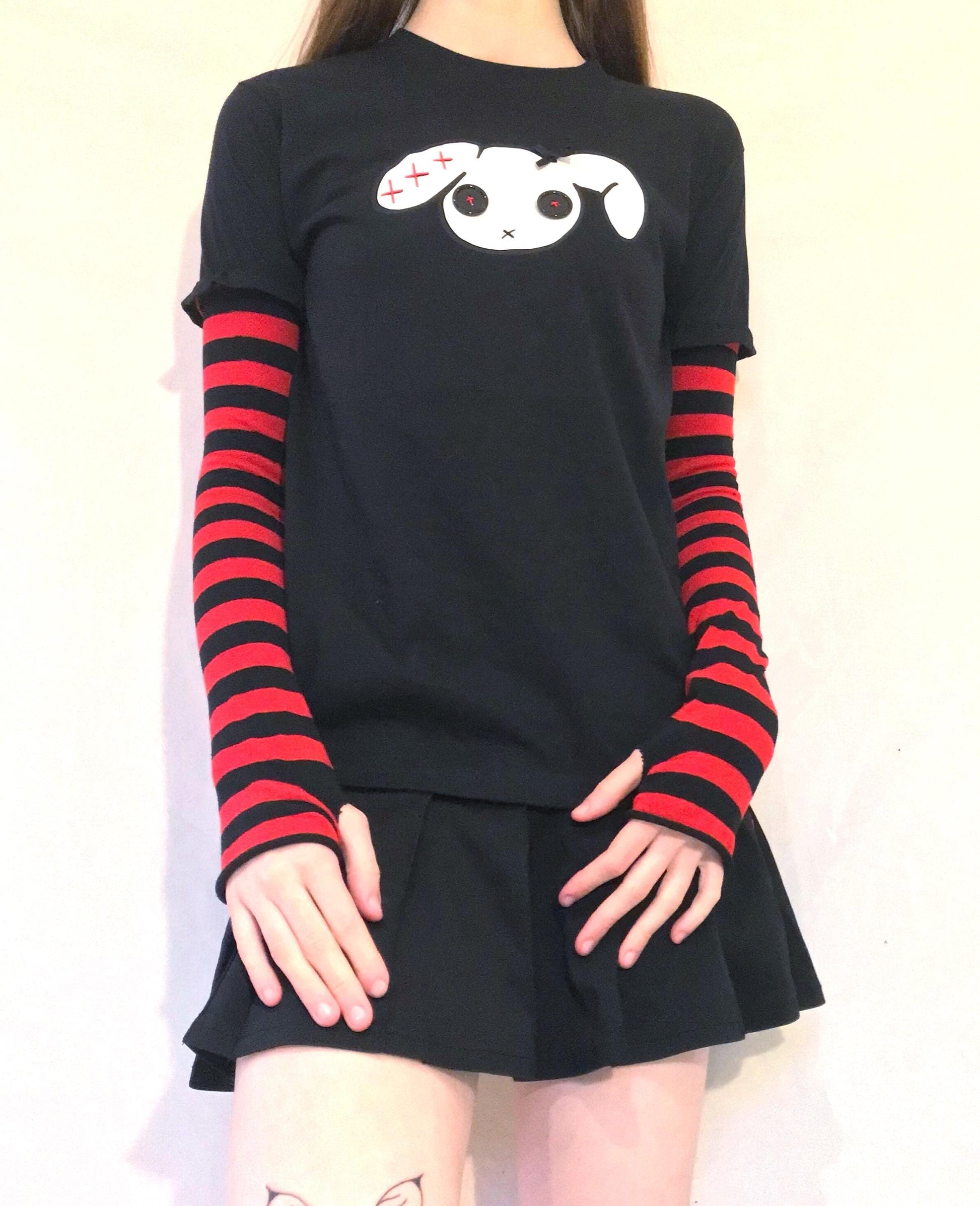Bunny Goth Grunge T-Shirt – White & Black Stripe Sleeves