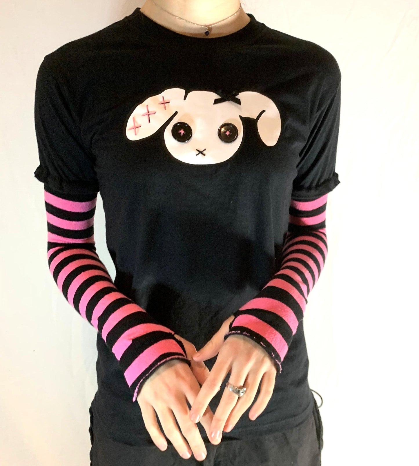 Bunny Goth Grunge T-Shirt – White & Black Stripe Sleeves