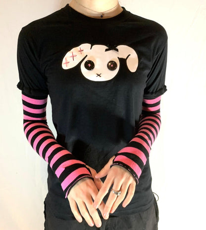 Bunny Goth Grunge T-Shirt – White & Black Stripe Sleeves