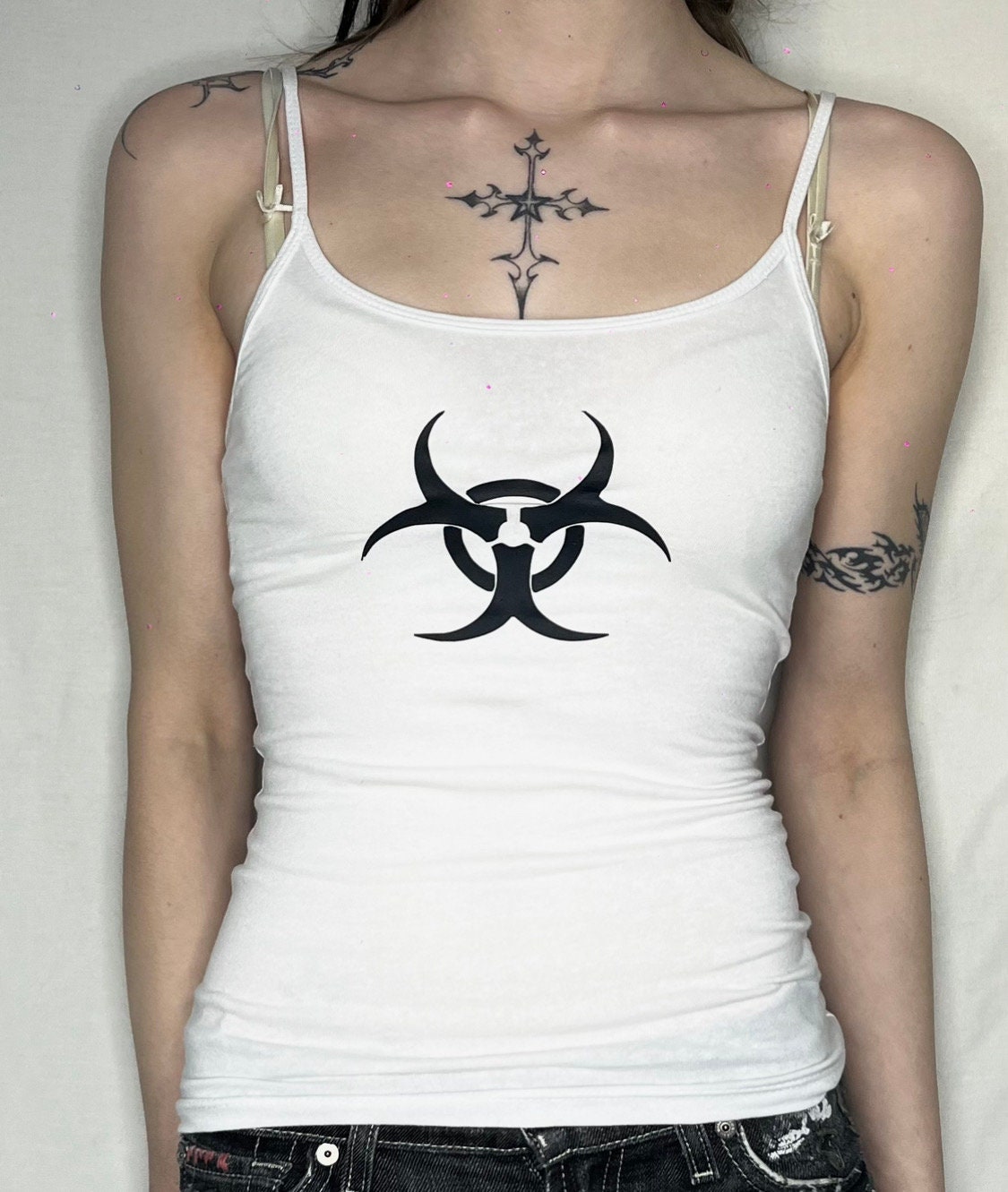 Cyber Silver Biohazard Warning Symbol Black Cami Tank Top