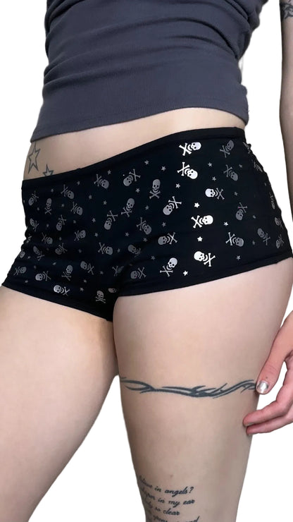 Black Low Rise Booty Shorts Silver All Over Star & Skull Design