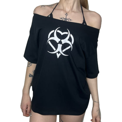 Heart Biohazard Off Shoulder Top Black Gothic Tee