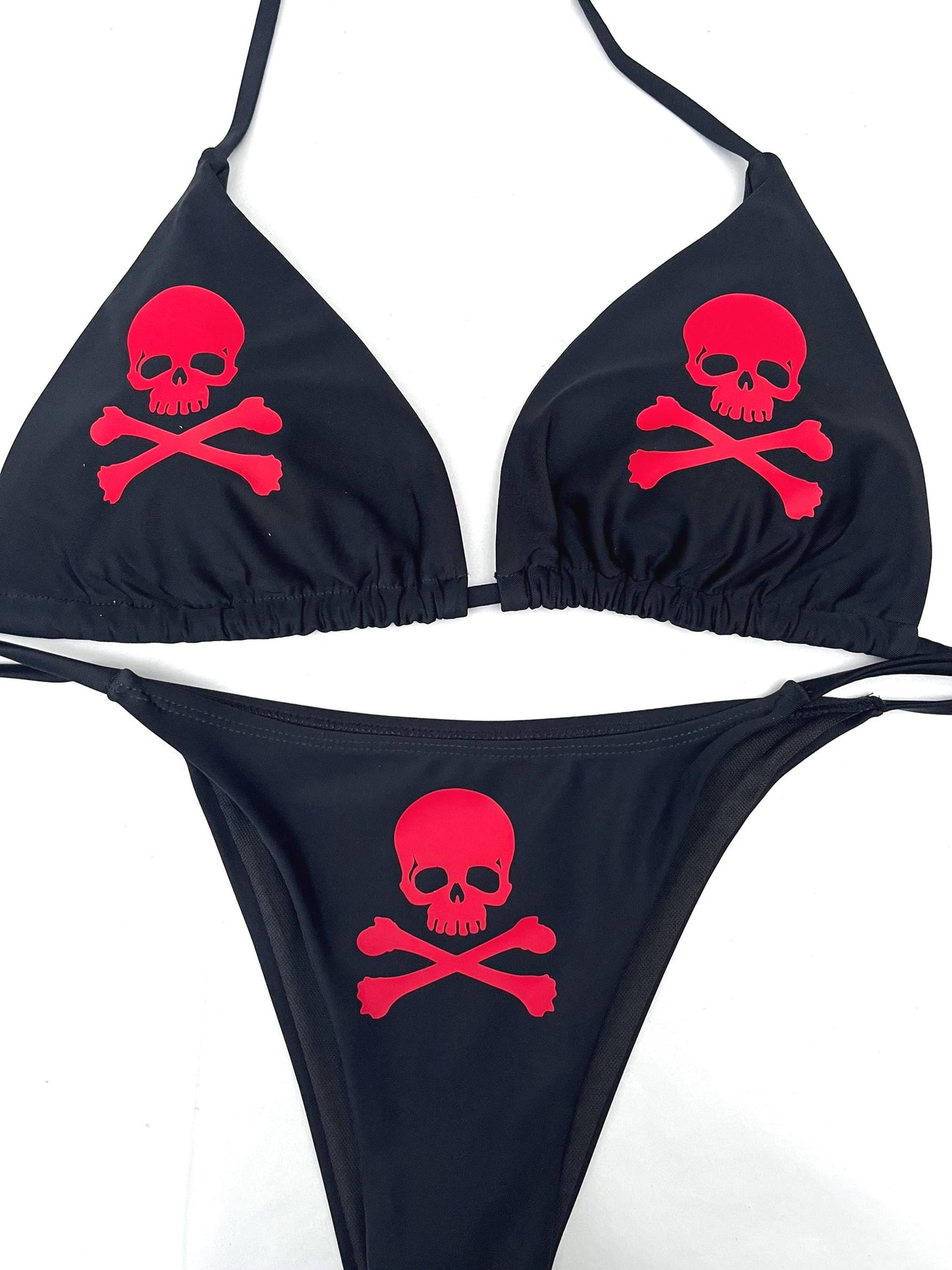Emo Red Skulls Black Bikini Halter Tie String Grunge Swimsuit