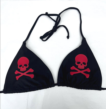 Emo Red Skulls Black Bikini Halter Tie String Grunge Swimsuit