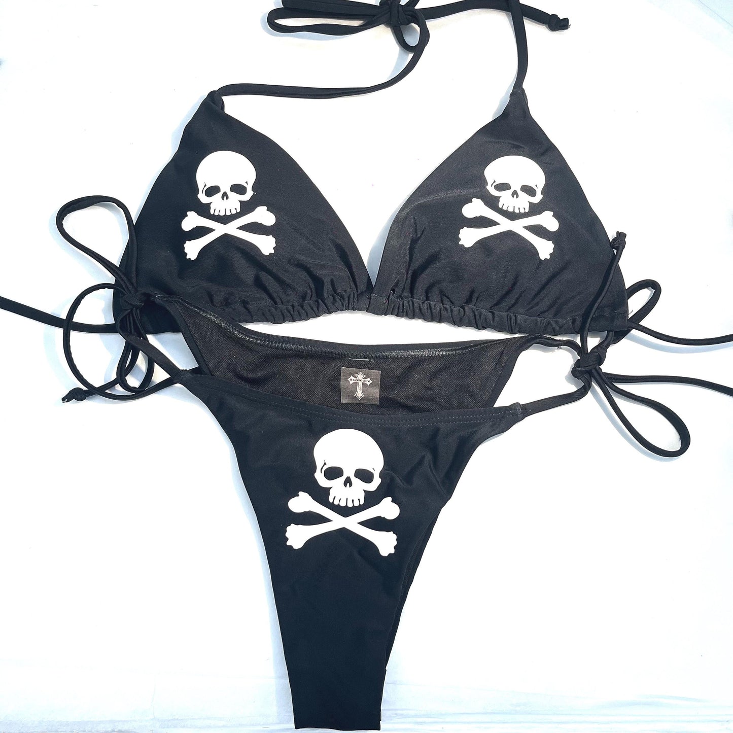 Emo Red Skulls Black Bikini Halter Tie String Grunge Swimsuit