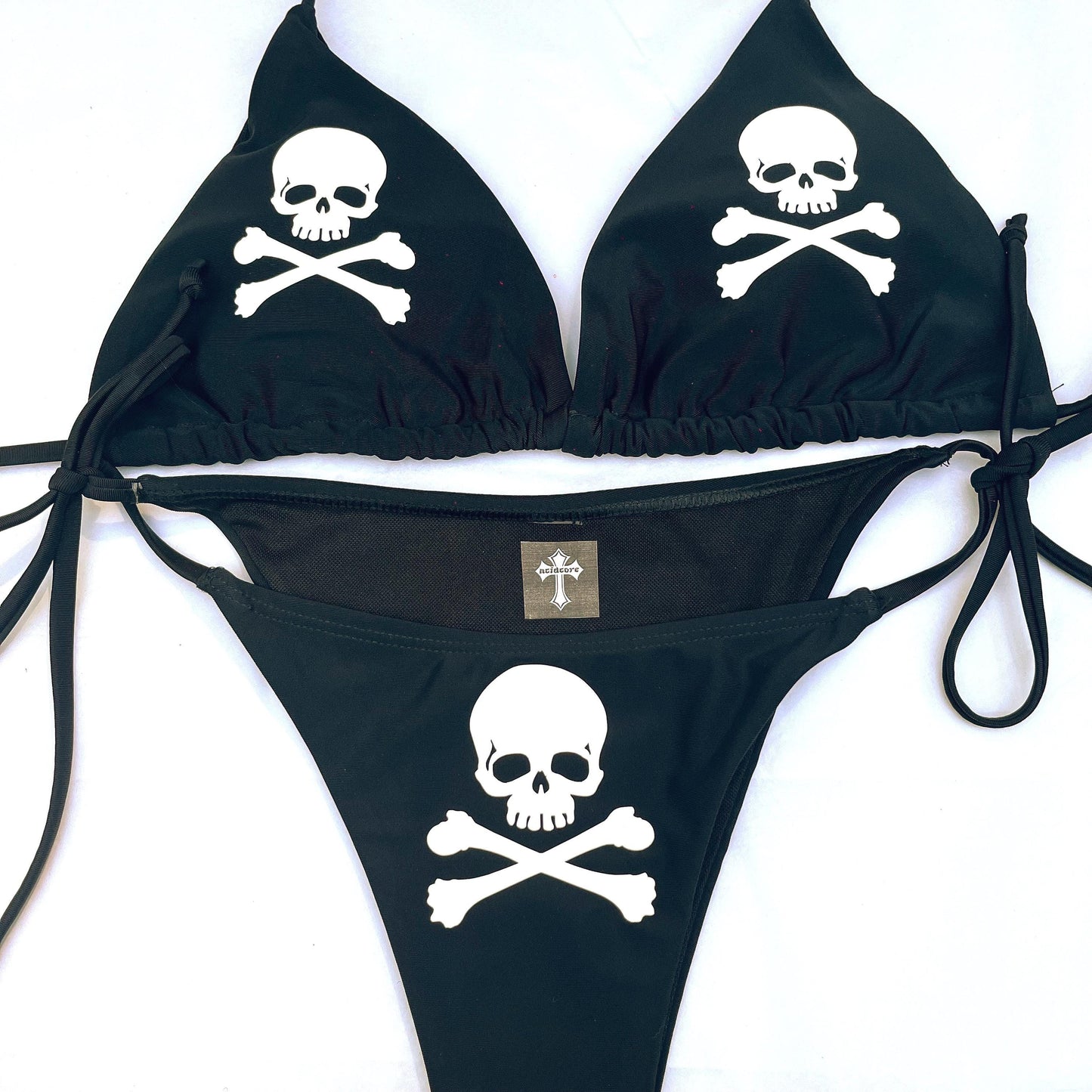 Emo Red Skulls Black Bikini Halter Tie String Grunge Swimsuit