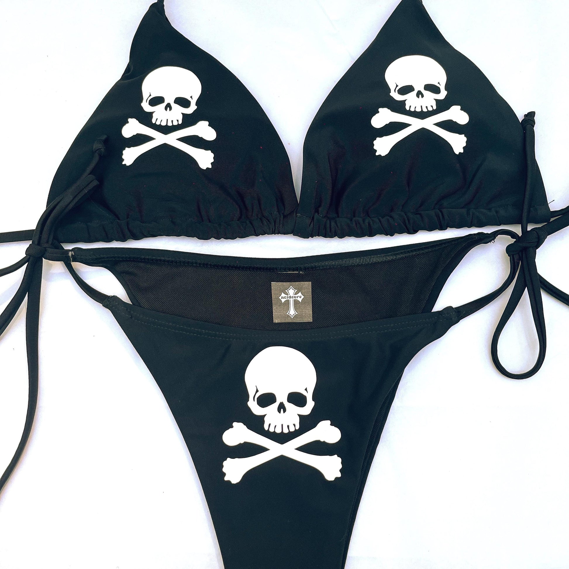 Emo Red Skulls Black Bikini Halter Tie String Grunge Swimsuit