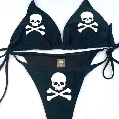 Emo Red Skulls Black Bikini Halter Tie String Grunge Swimsuit