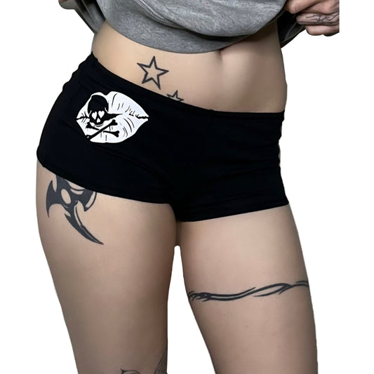 Black Low Rise Booty Shorts White Skull Lips Design