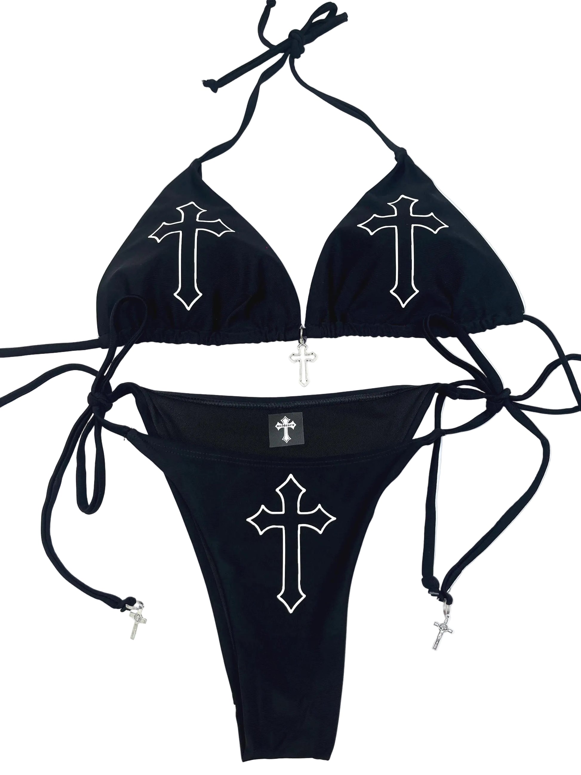 Front View: Black Gothic Cross String Bikini