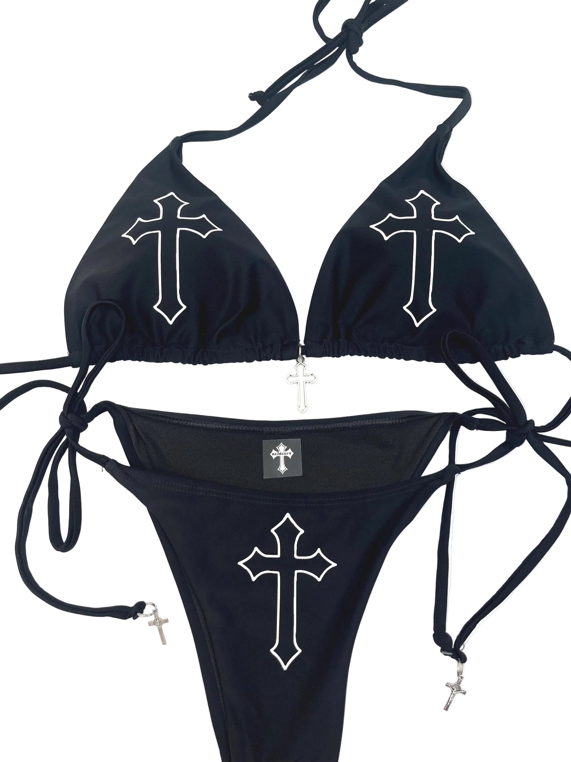 Gothic Cross Black Bikini – Tie String Halter Grunge Set Women's Swimsuit