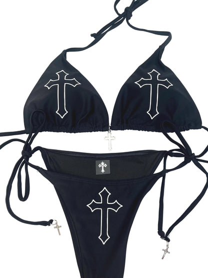 Gothic Cross Black Bikini – Tie String Halter Grunge Set Women's Swimsuit