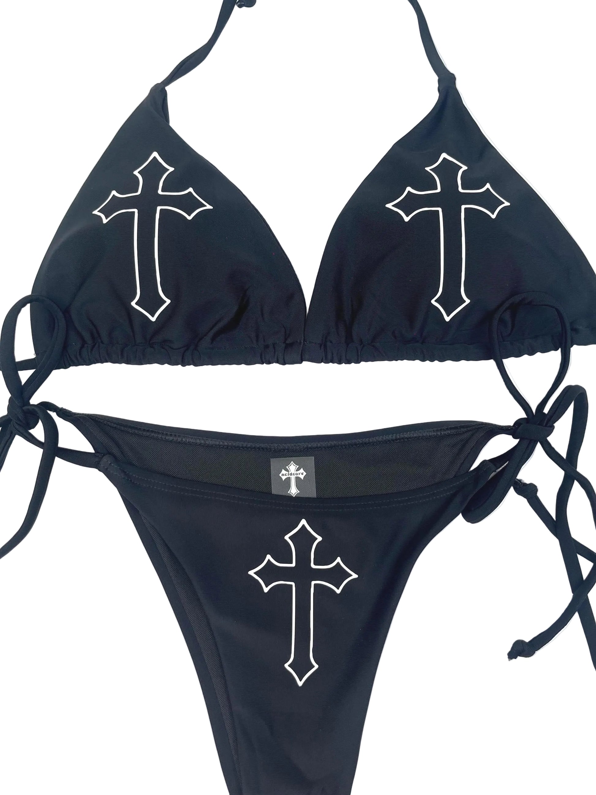 Gothic Cross Black Bikini – Tie String Halter Grunge Set Women's Swimsuit