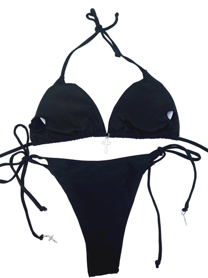 Gothic Cross Black Bikini – Tie String Halter Grunge Set Women's Swimsuit