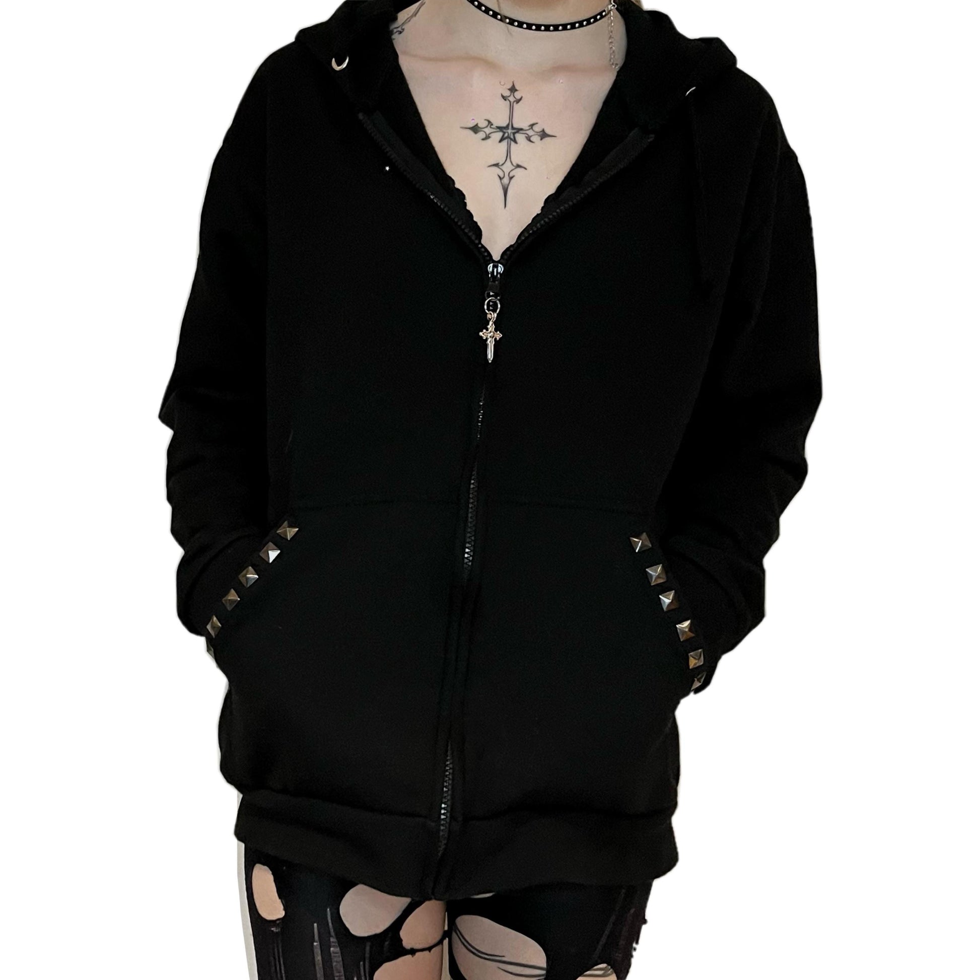 Gothic Hand Studded Embellished Zip Up Hoodie – Black Grunge Style with Studs & Cross Pendant