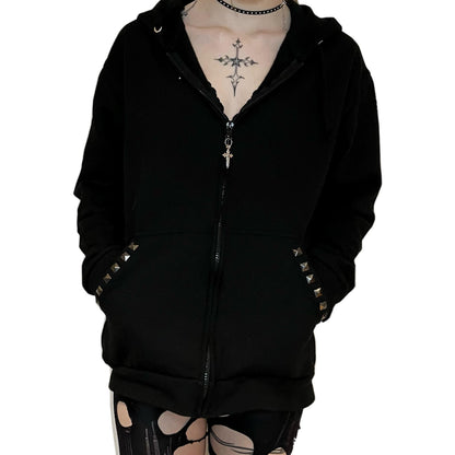 Gothic Hand Studded Embellished Zip Up Hoodie – Black Grunge Style with Studs & Cross Pendant