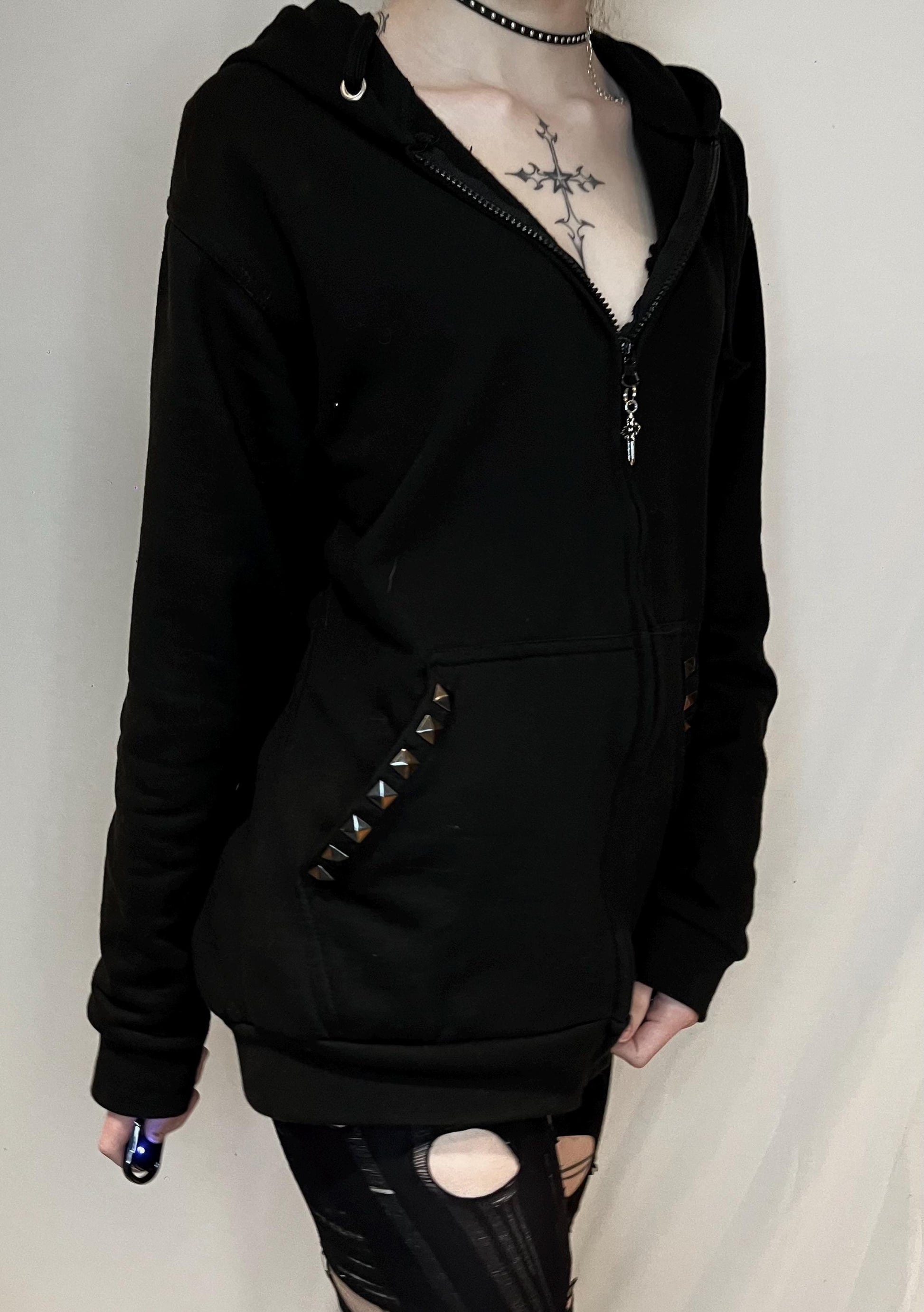 Gothic Hand Studded Embellished Zip Up Hoodie – Black Grunge Style with Studs & Cross Pendant