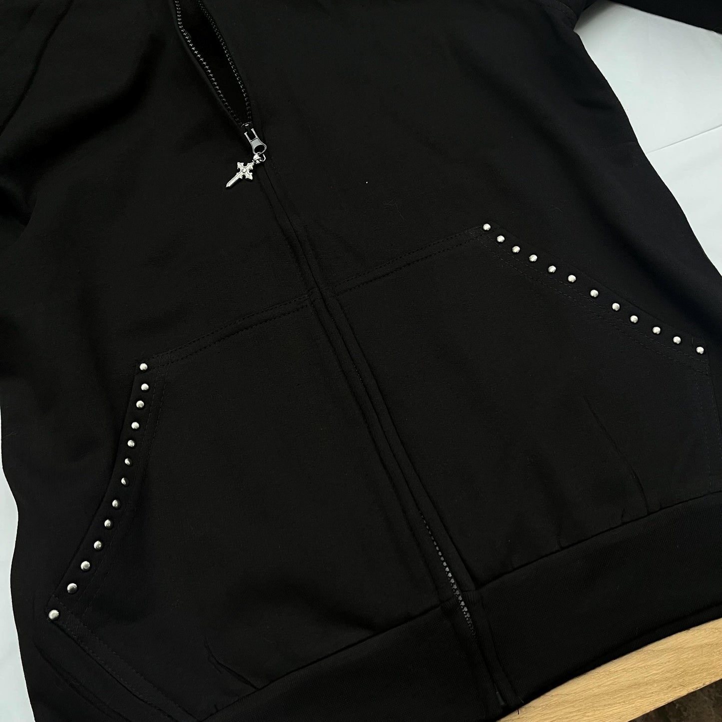 Gothic Hand Studded Embellished Zip Up Hoodie – Black Grunge Style with Studs & Cross Pendant
