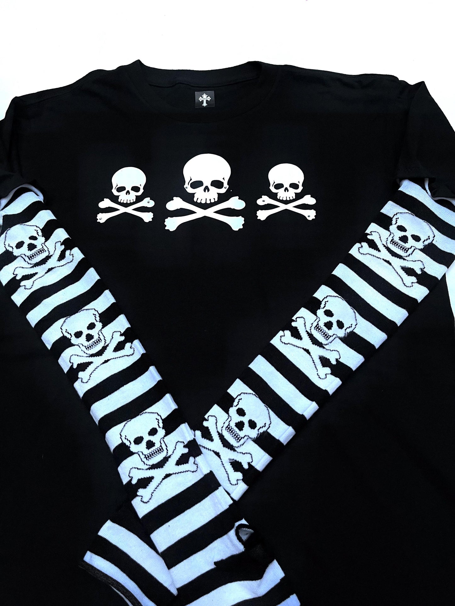 Gothic Pink & Black Stripe Long Sleeve Skull Top Rhinestone Embellished